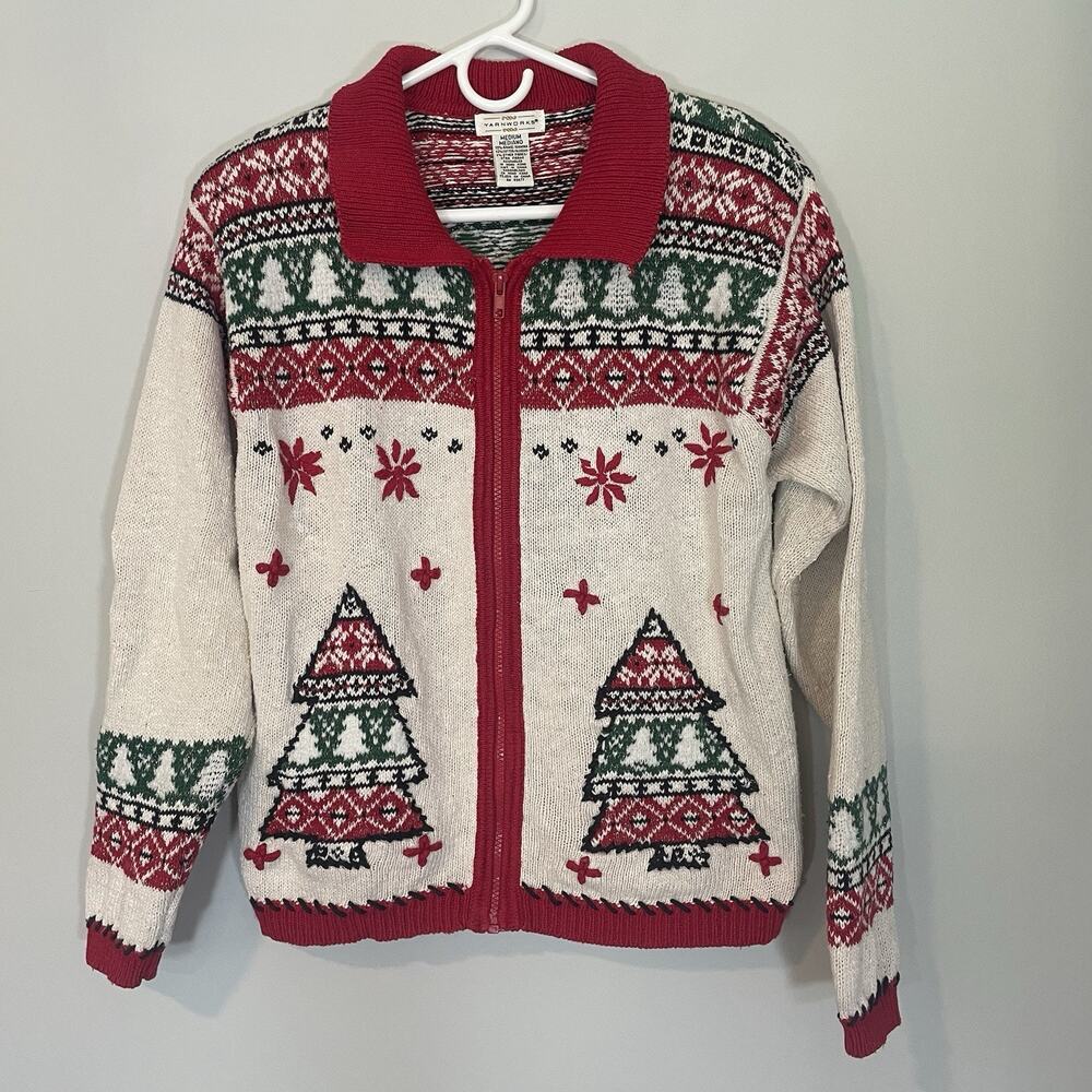 Yarnworks Vintage Full Zip‎ Christmas Tree Cardigan Sz M Fair Isle Knit Womens